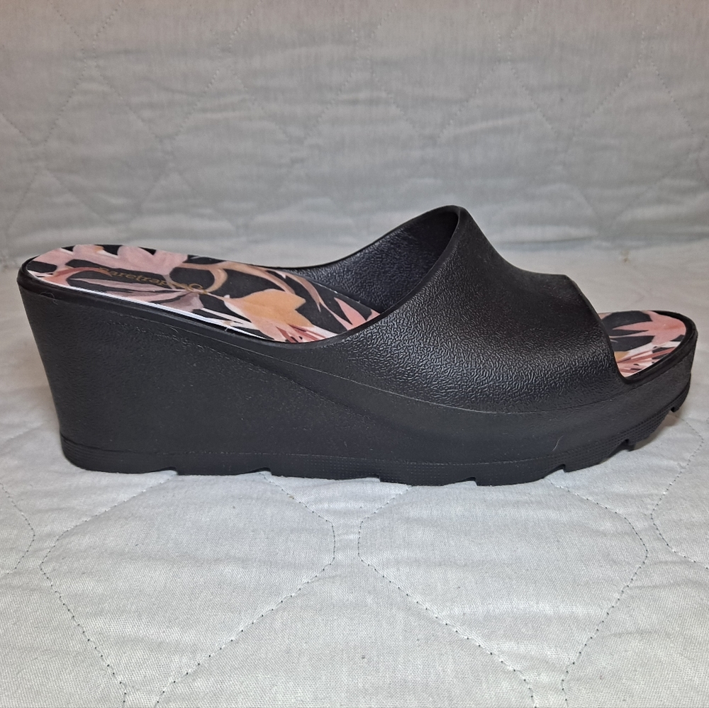 Women’s Black Wedge Slide Sandals with Floral Insole